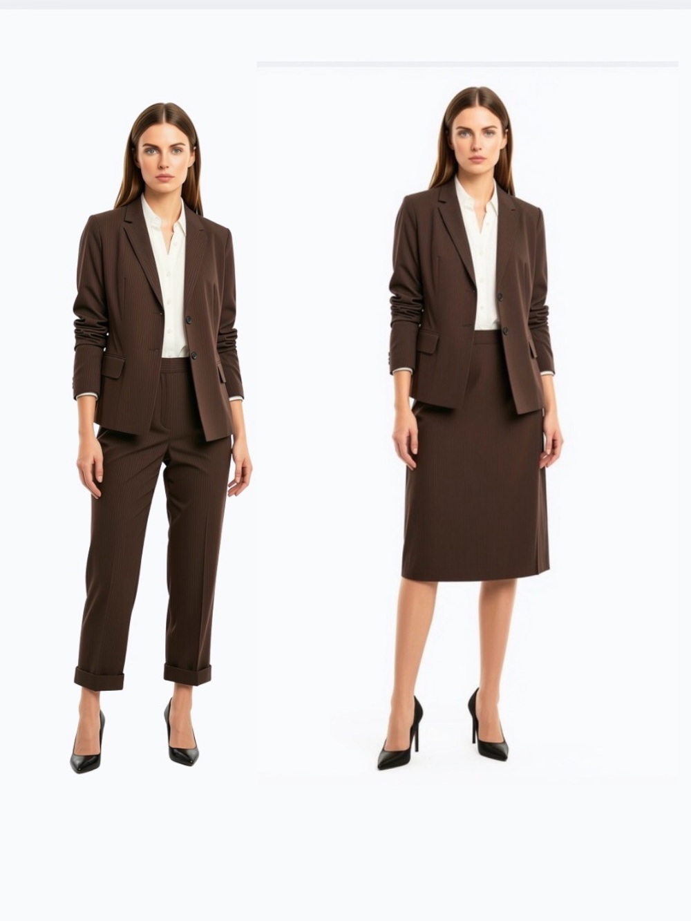 Ann Taylor Full Suit - Women's Brown Pinstriped Tailored Jacket Pants Skirt Set